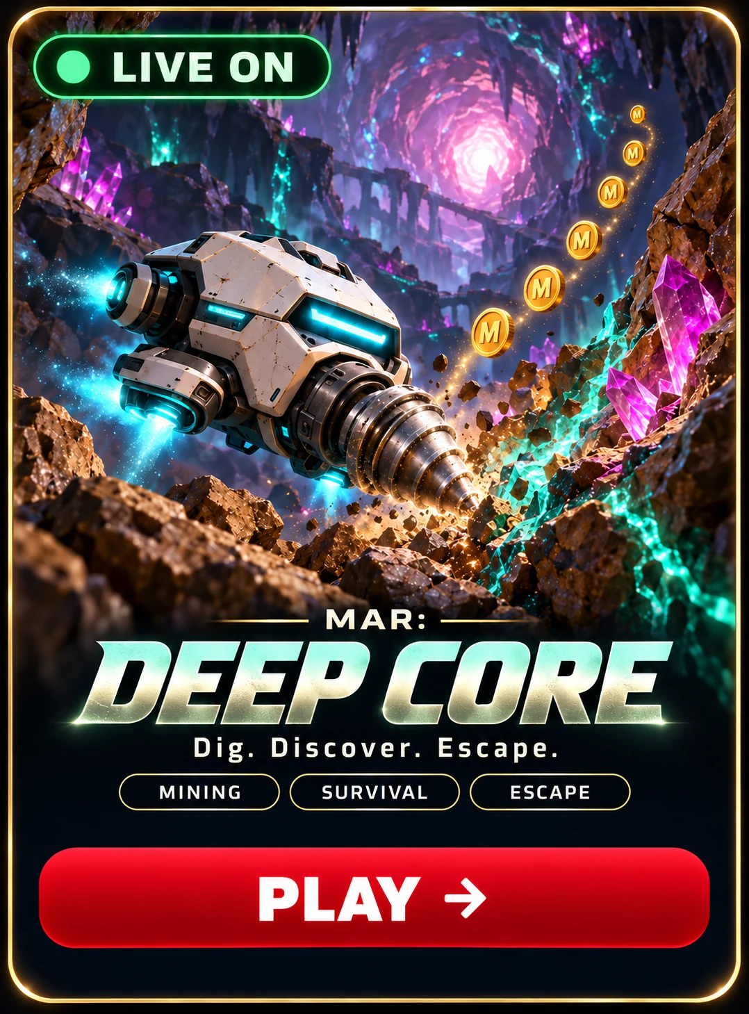 DEEP CORE — Dig. Discover. Escape. A white drilling drone explores glowing mineral caverns.