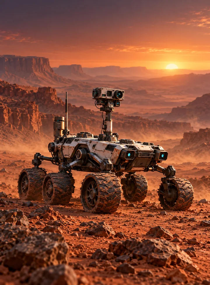 Mars rover surveying a rocky canyon at sunset.